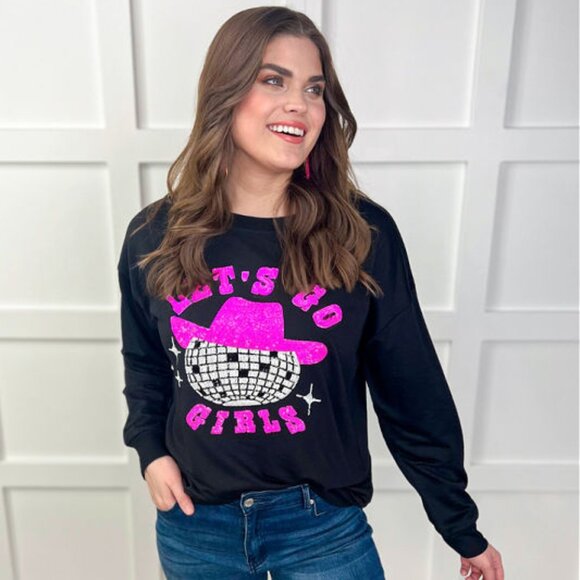 New Jess Lea Let's Go Girls Sequin Disco Ball Black Sweatshirt - Picture 2 of 5